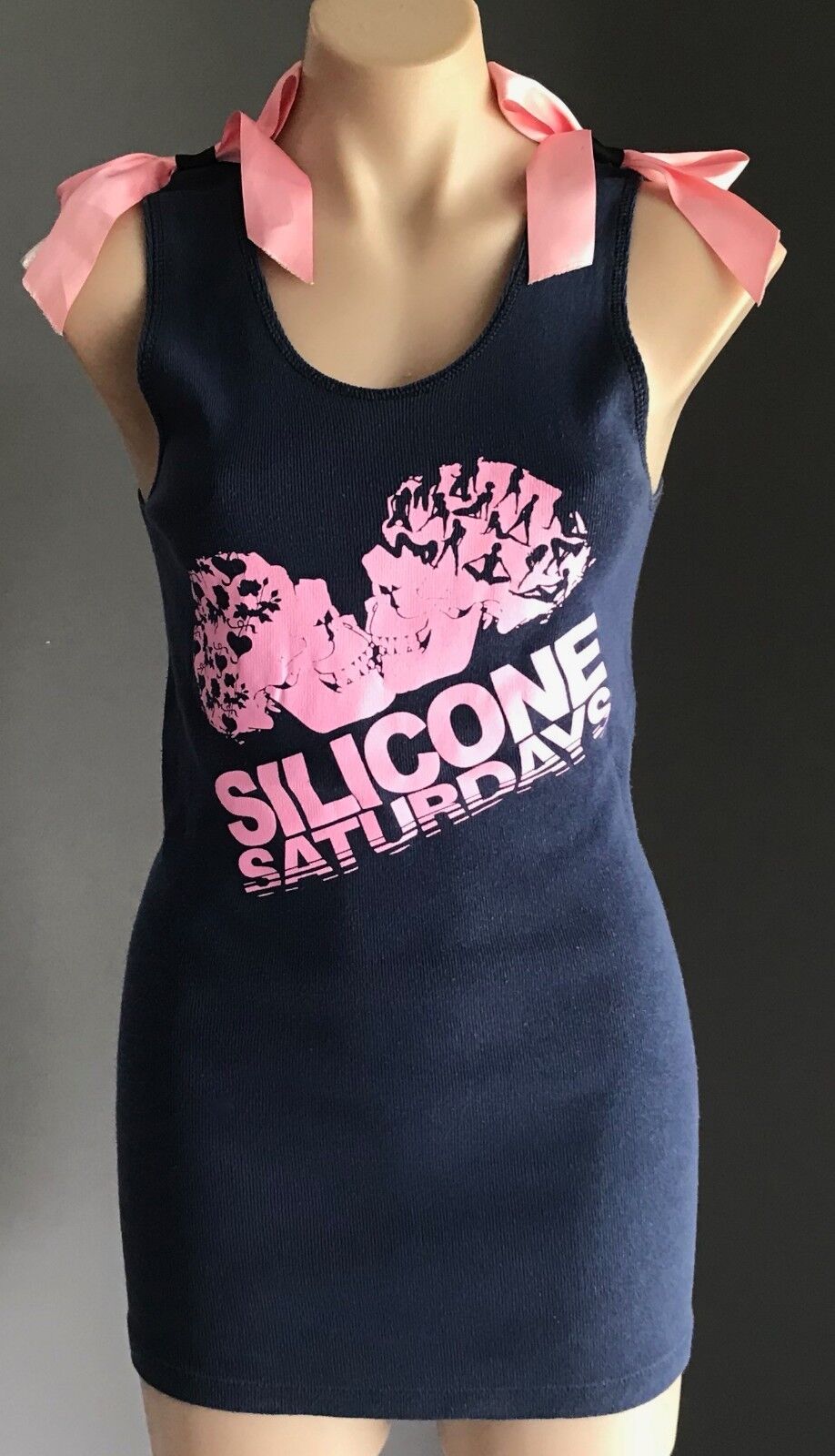 SILICONE SATURDAYS Tank Top Blue Sleeveless Stretch  w Pink Bow Tie Trim Size 12