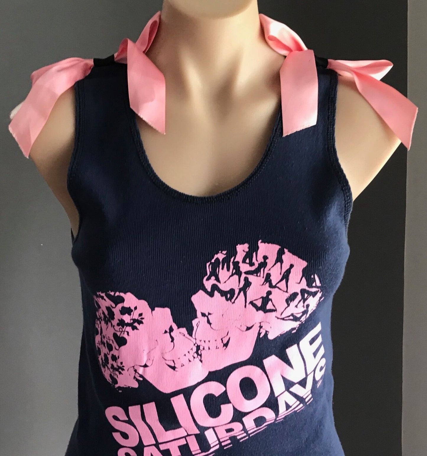 SILICONE SATURDAYS Tank Top Blue Sleeveless Stretch  w Pink Bow Tie Trim Size 12