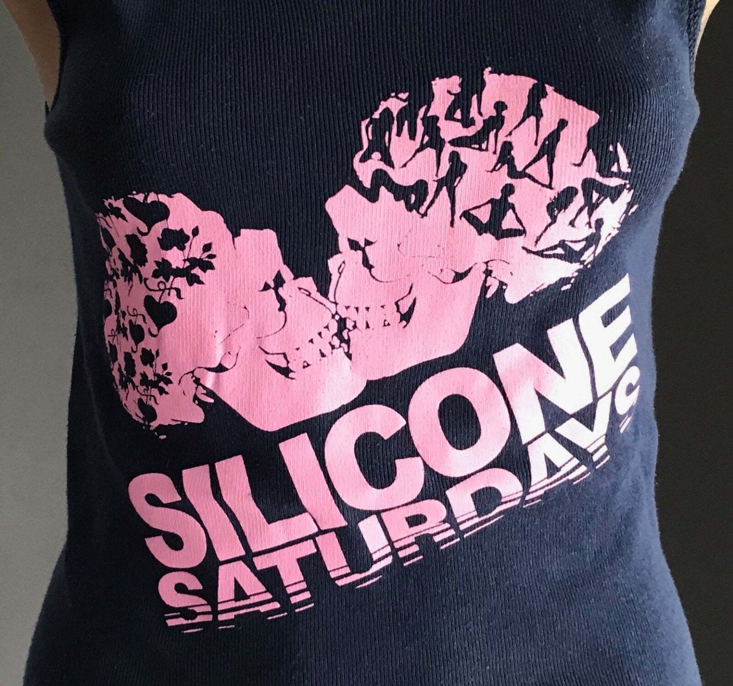 SILICONE SATURDAYS Tank Top Blue Sleeveless Stretch  w Pink Bow Tie Trim Size 12