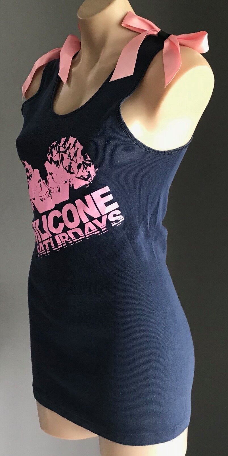 SILICONE SATURDAYS Tank Top Blue Sleeveless Stretch  w Pink Bow Tie Trim Size 12