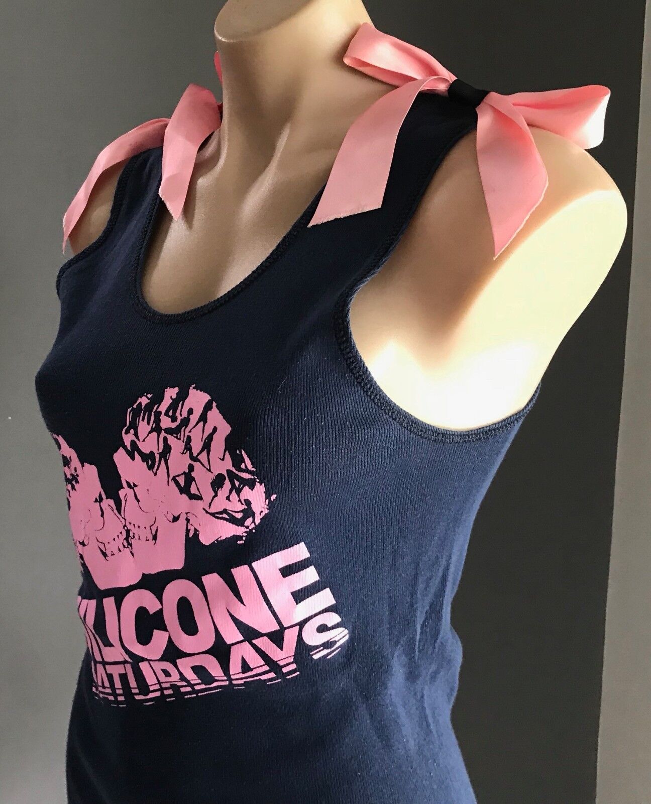 SILICONE SATURDAYS Tank Top Blue Sleeveless Stretch  w Pink Bow Tie Trim Size 12