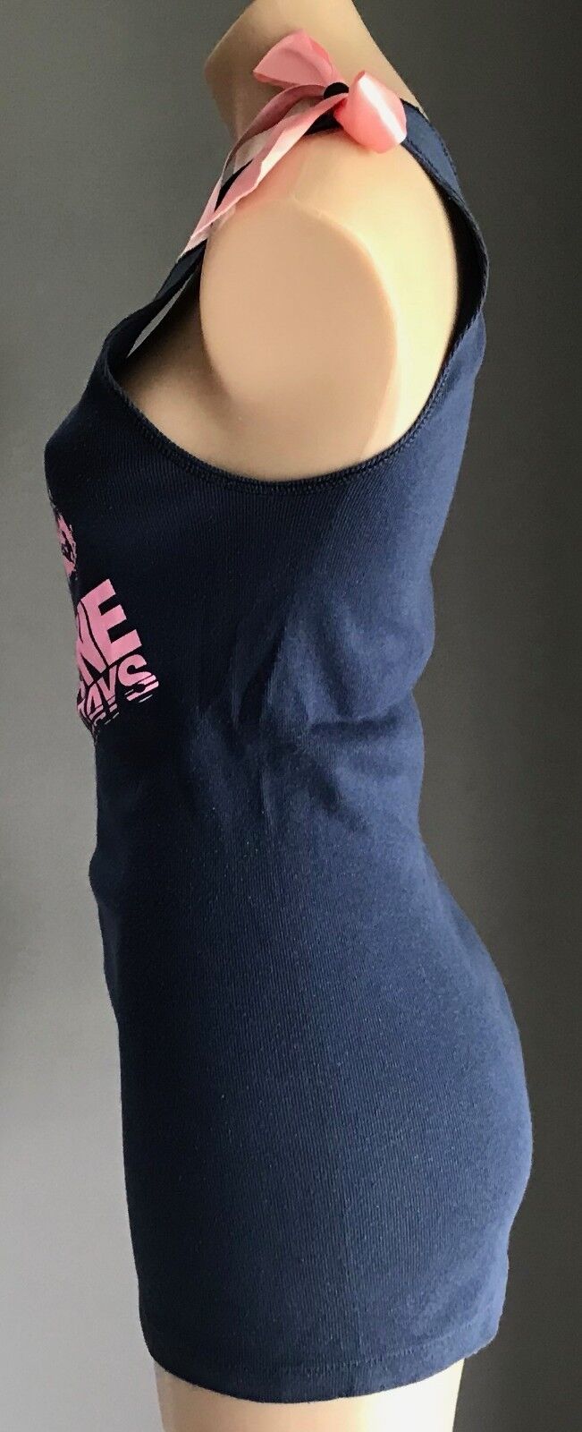 SILICONE SATURDAYS Tank Top Blue Sleeveless Stretch  w Pink Bow Tie Trim Size 12
