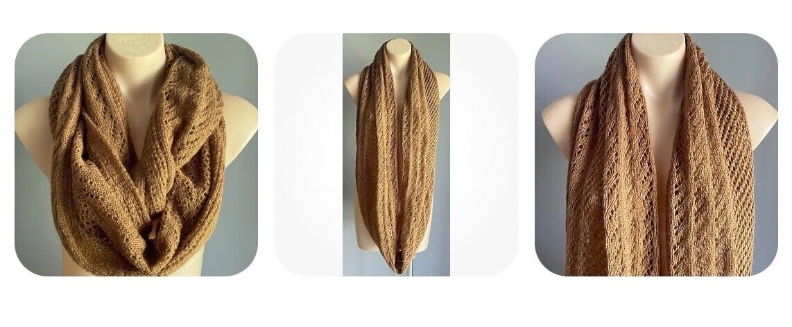 RUBI Infinity Scarf Light Brown Decorative Stitch Knit Snood Neck Wrap Soft Warm