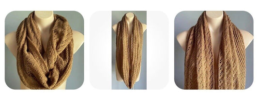 RUBI Infinity Scarf Light Brown Decorative Stitch Knit Snood Neck Wrap Soft Warm