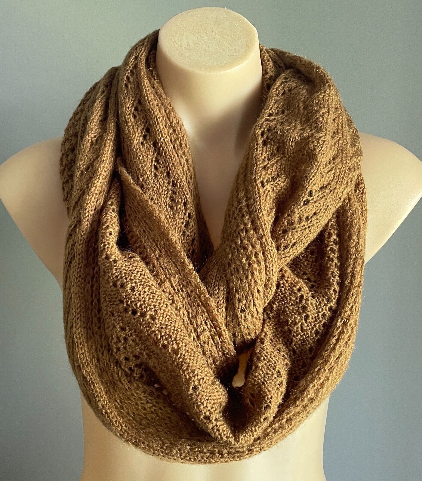 RUBI Infinity Scarf Light Brown Decorative Stitch Knit Snood Neck Wrap Soft Warm