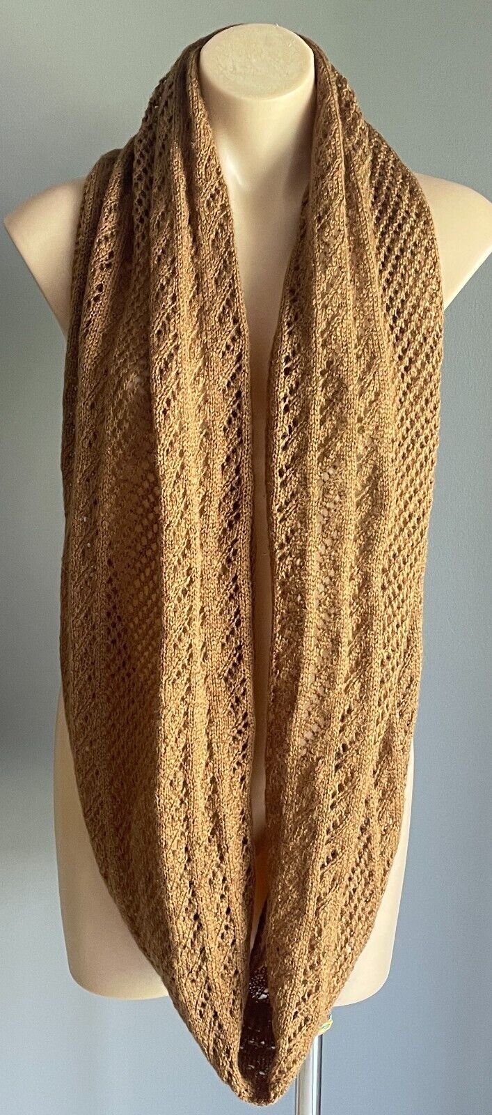RUBI Infinity Scarf Light Brown Decorative Stitch Knit Snood Neck Wrap Soft Warm