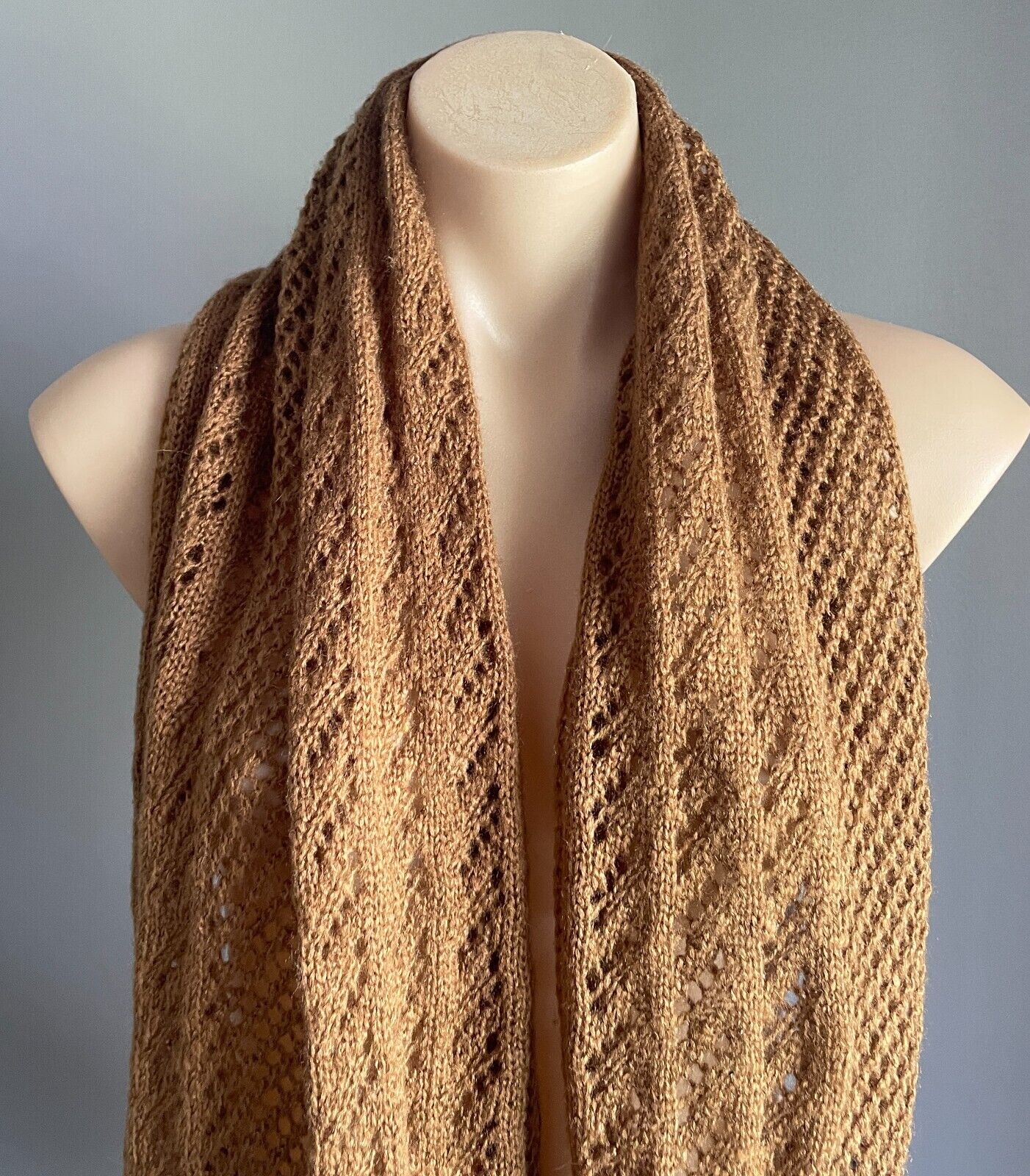 RUBI Infinity Scarf Light Brown Decorative Stitch Knit Snood Neck Wrap Soft Warm