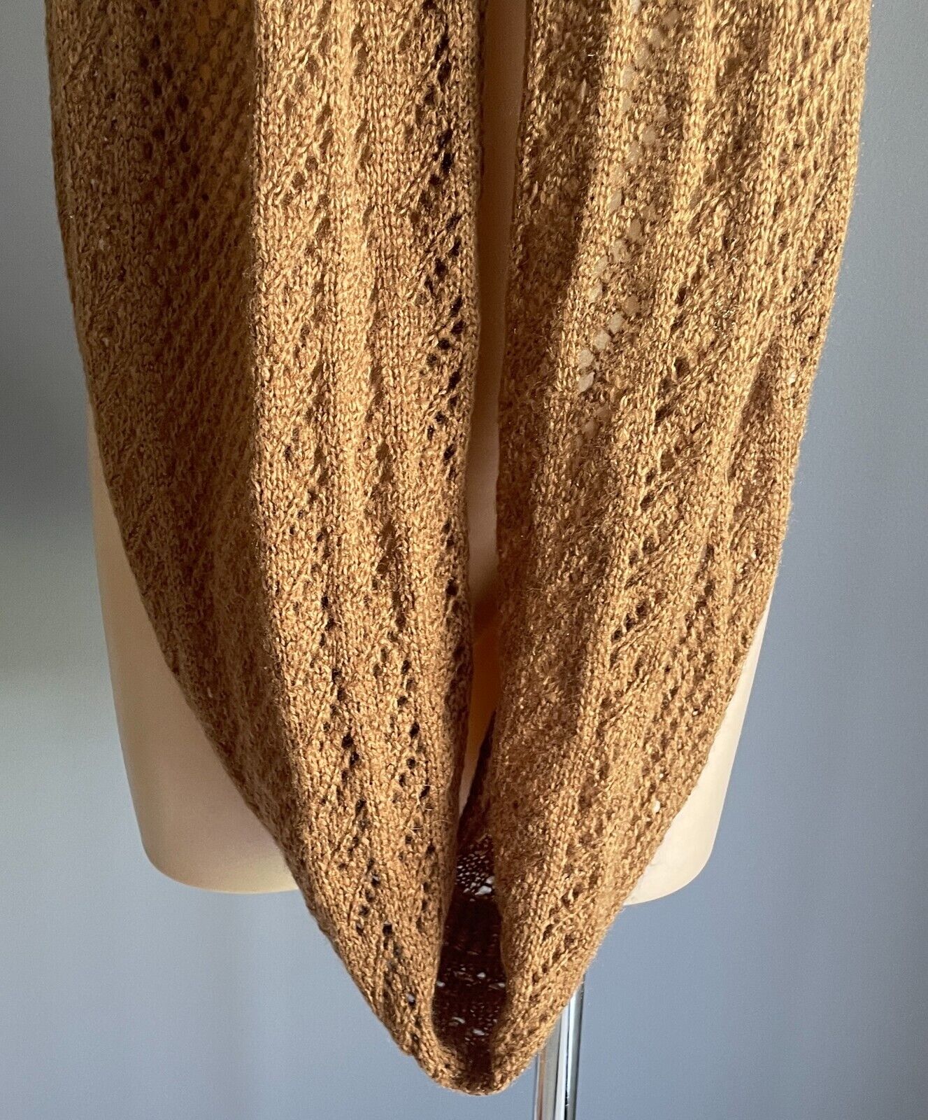 RUBI Infinity Scarf Light Brown Decorative Stitch Knit Snood Neck Wrap Soft Warm