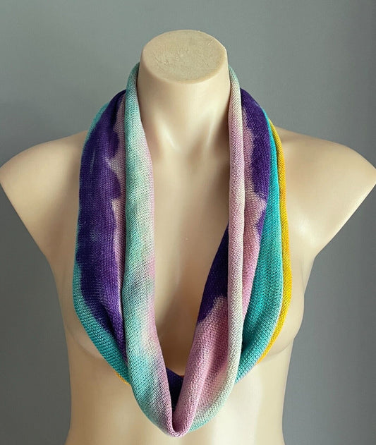 Infinity Scarf RAINBOW Multicolour Tie Dye Fine Knit Headband Neck Boho Hippie