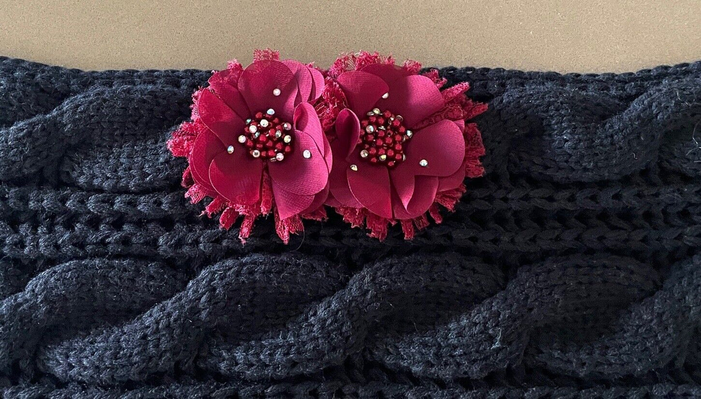 Infinity Scarf Black Chunky Cable Knit w Burgundy Floral Trim Super Warm NECK