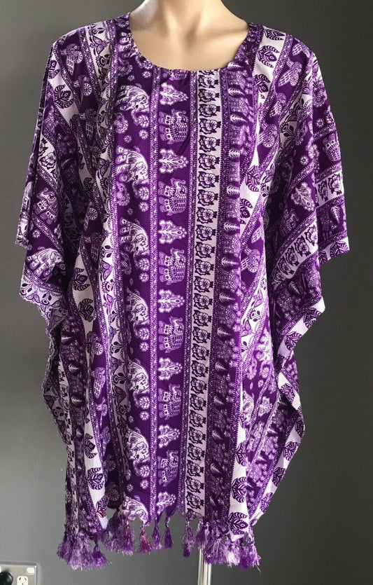 LILLE Kaftan Purple White Floral & Elephant Print Top Tassels Plus Sz 32 34