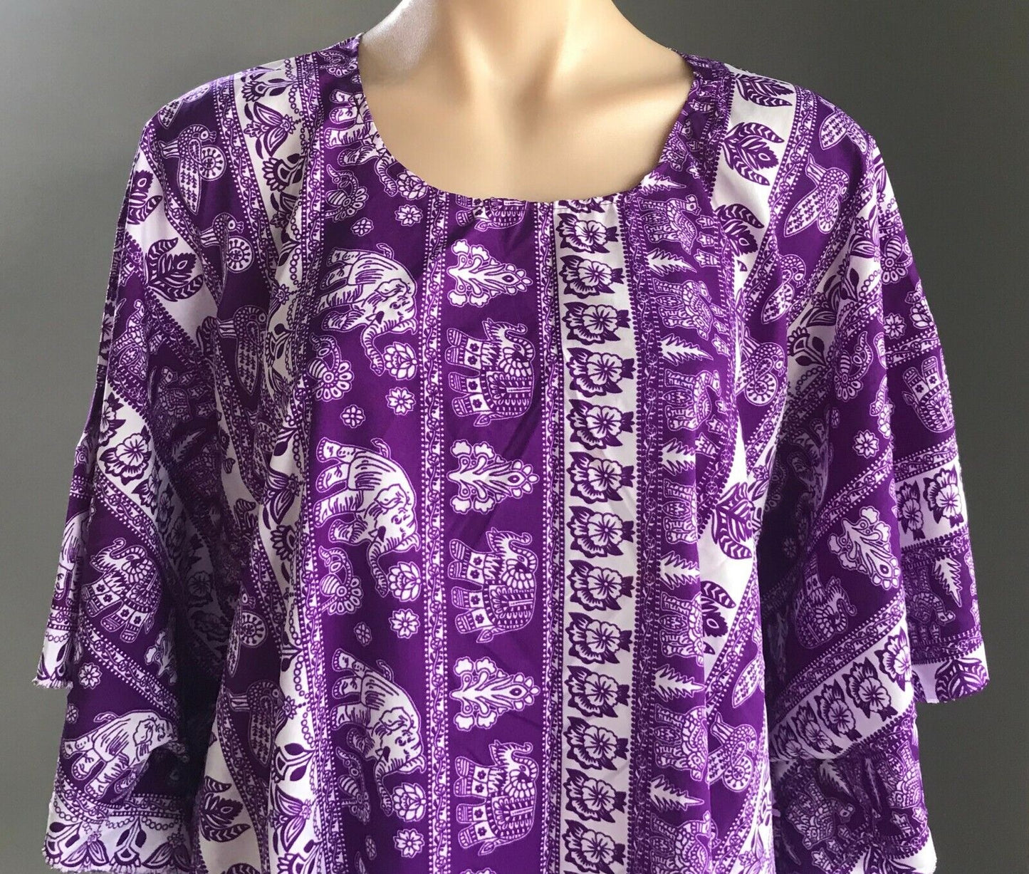LILLE Kaftan Purple White Floral & Elephant Print Top Tassels Plus Sz 32 34