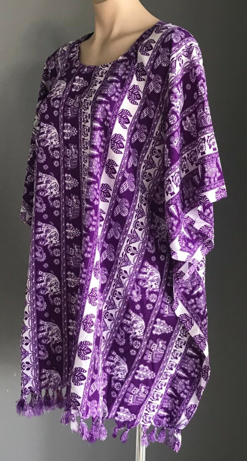 LILLE Kaftan Purple White Floral & Elephant Print Top Tassels Plus Sz 32 34