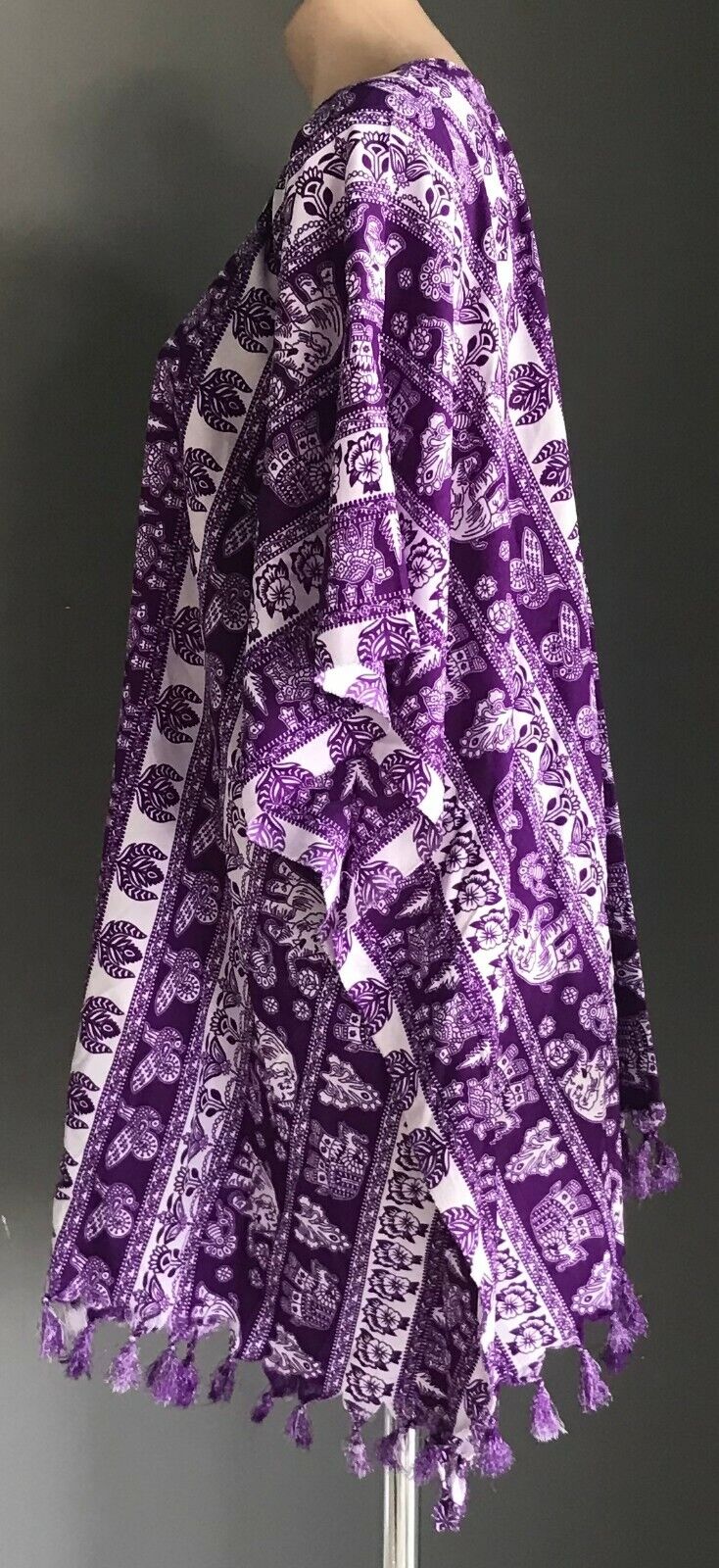 LILLE Kaftan Purple White Floral & Elephant Print Top Tassels Plus Sz 32 34