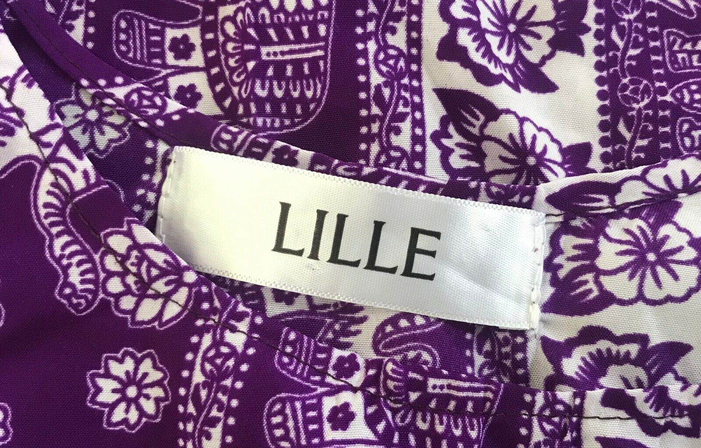 LILLE Kaftan Purple White Floral & Elephant Print Top Tassels Plus Sz 32 34