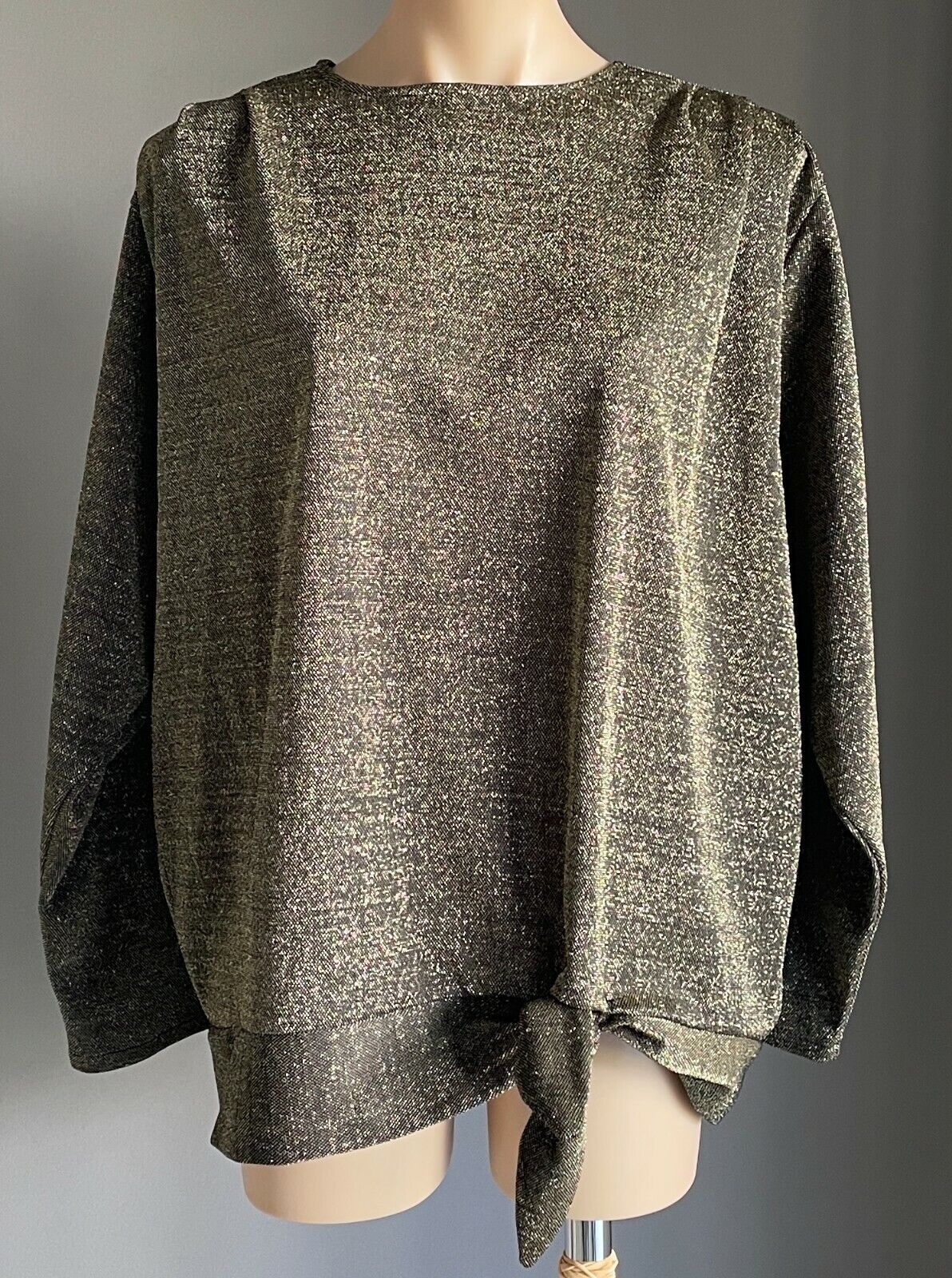 Vintage OFF MAIN Gold Lurex Blouse Tie Hem Long Sleeve Top Ladies Size 18