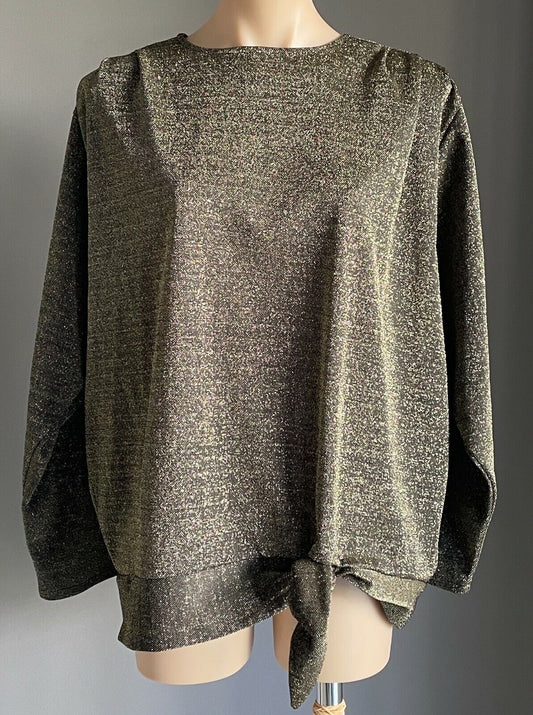 Vintage OFF MAIN Gold Lurex Blouse Tie Hem Long Sleeve Top Ladies Size 18