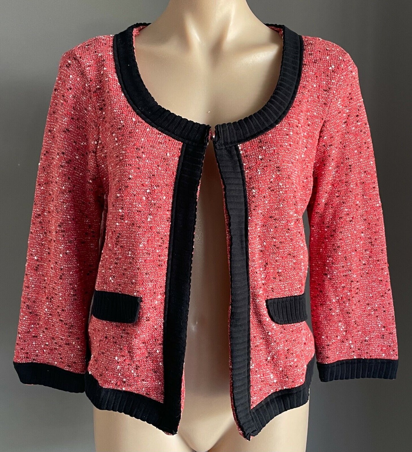 MISS SELFRIDGE Jacket Boucle Red Black White Fleck 3/4 Sleeve Cardi Size 14