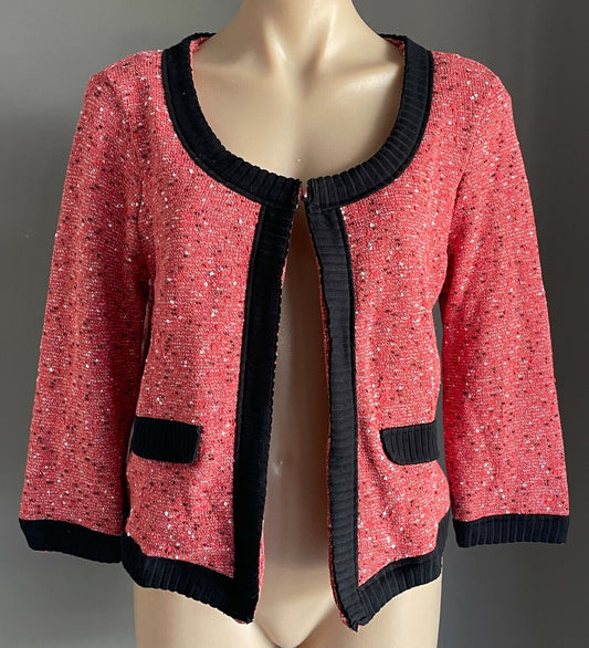 MISS SELFRIDGE Jacket Boucle Red Black White Fleck 3/4 Sleeve Cardi Size 14