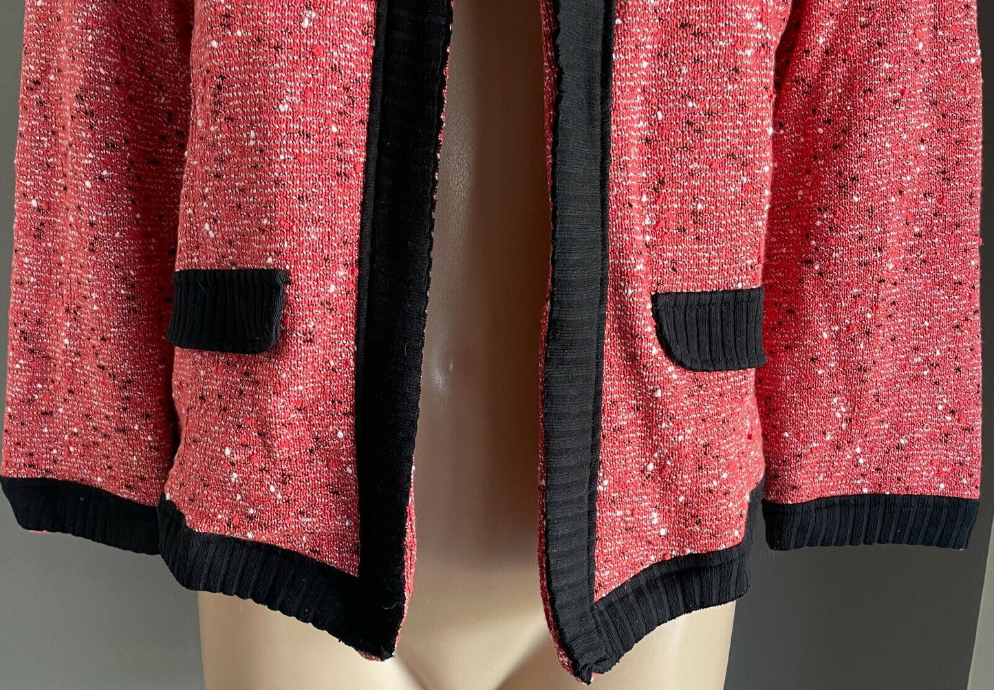 MISS SELFRIDGE Jacket Boucle Red Black White Fleck 3/4 Sleeve Cardi Size 14