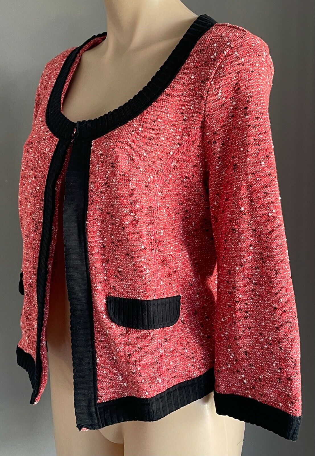 MISS SELFRIDGE Jacket Boucle Red Black White Fleck 3/4 Sleeve Cardi Size 14