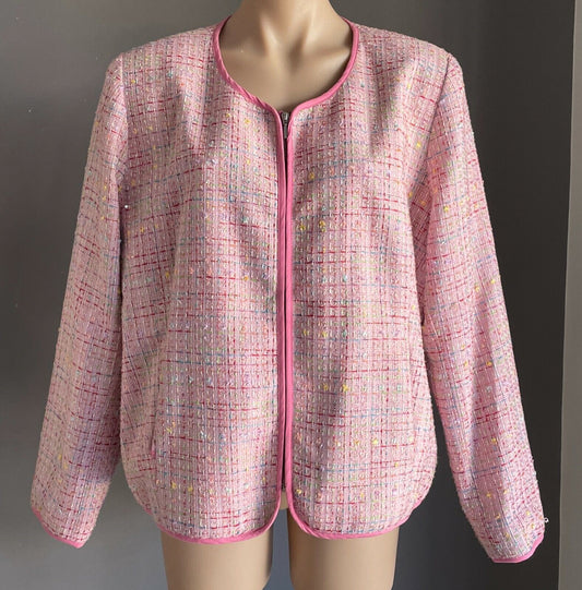 LA TROUPE Zip Front Jacket Pink Tweed Collarless Long Sleeve Size 18 NOS Vintage