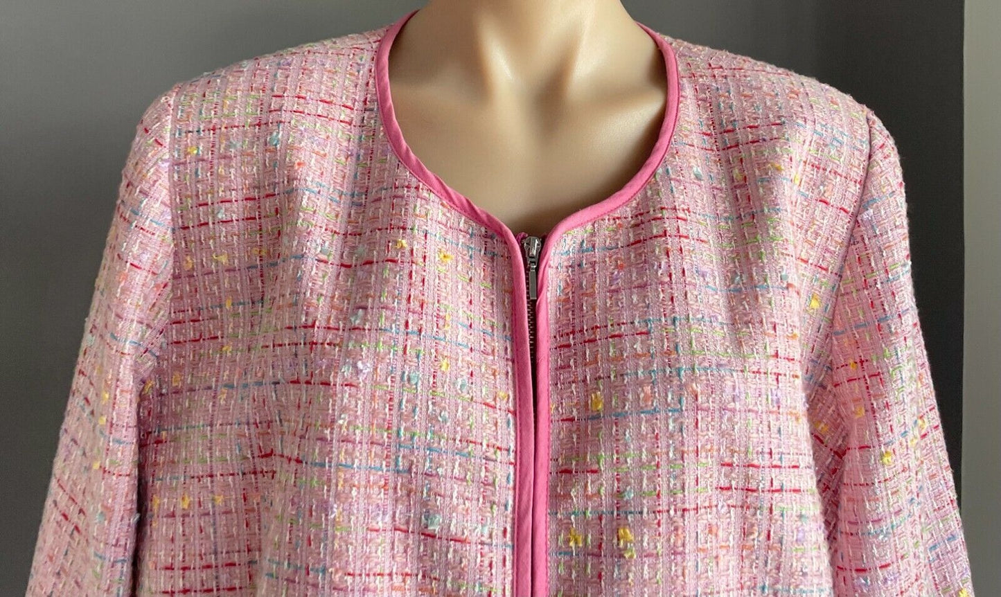 LA TROUPE Zip Front Jacket Pink Tweed Collarless Long Sleeve Size 18 NOS Vintage
