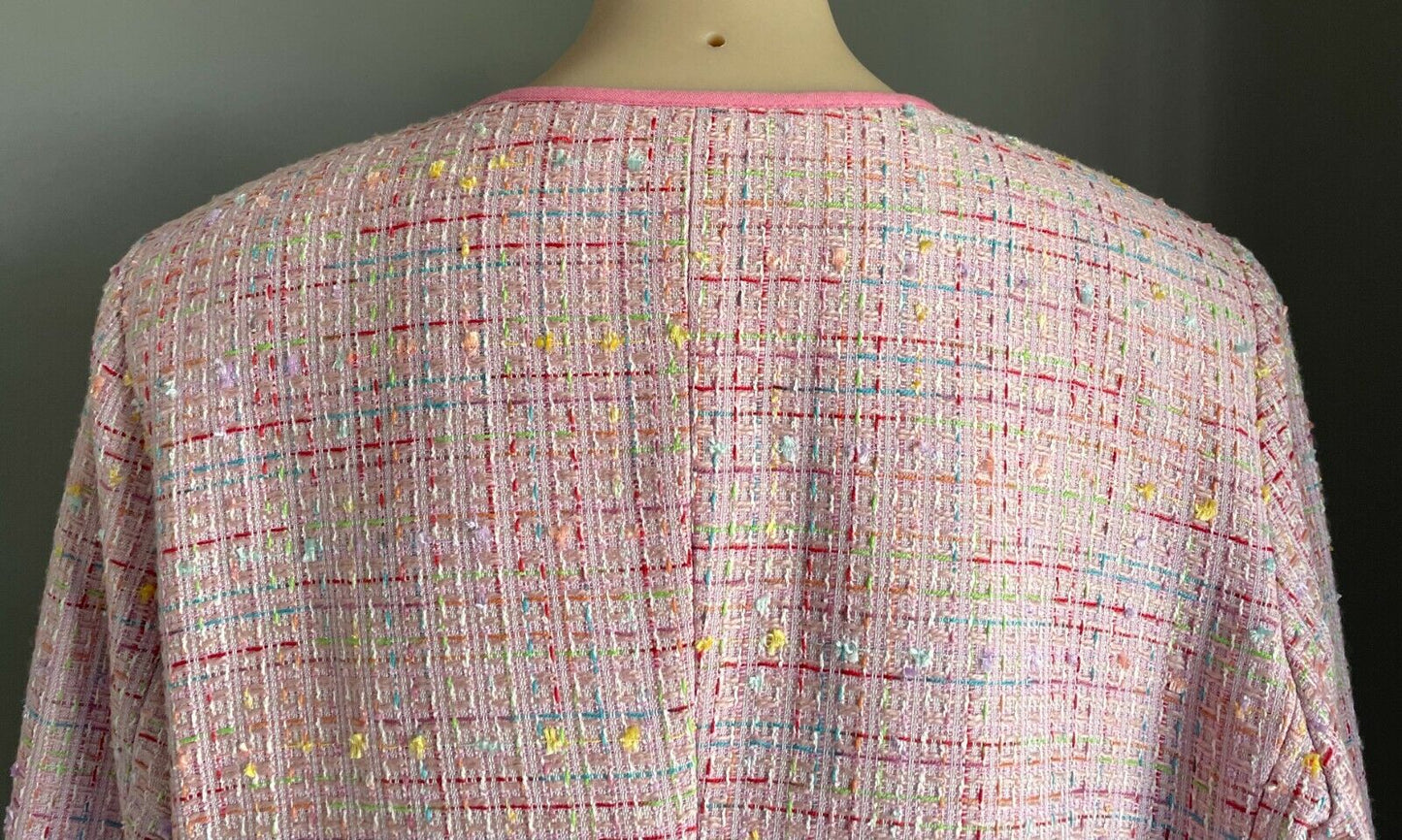 LA TROUPE Zip Front Jacket Pink Tweed Collarless Long Sleeve Size 18 NOS Vintage