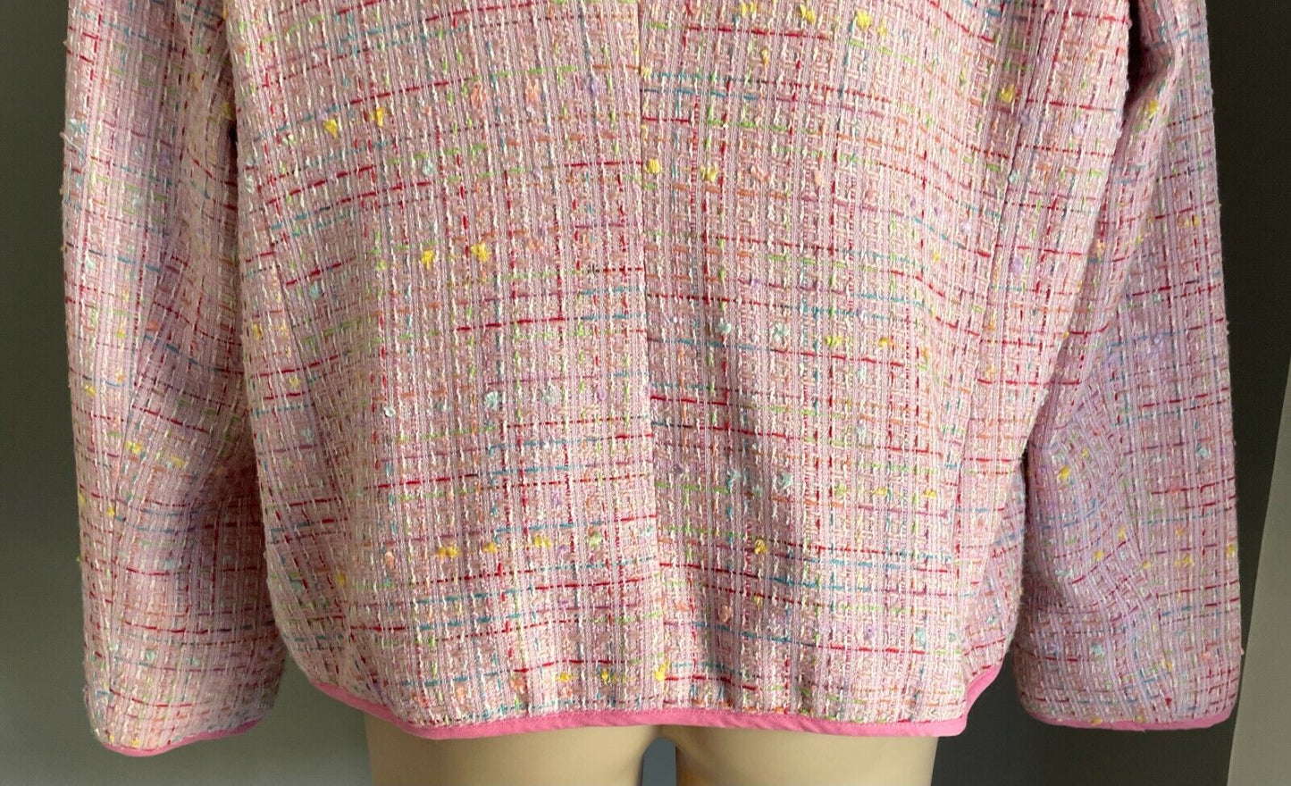 LA TROUPE Zip Front Jacket Pink Tweed Collarless Long Sleeve Size 18 NOS Vintage