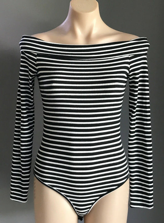 ONE ❤️ CLOTHING Los Angeles Bodysuit Black White Stripe Long Sleeve Bardot M 10