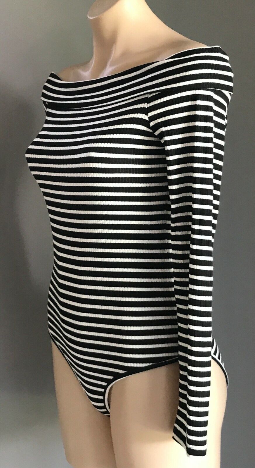 ONE ❤️ CLOTHING Los Angeles Bodysuit Black White Stripe Long Sleeve Bardot M 10