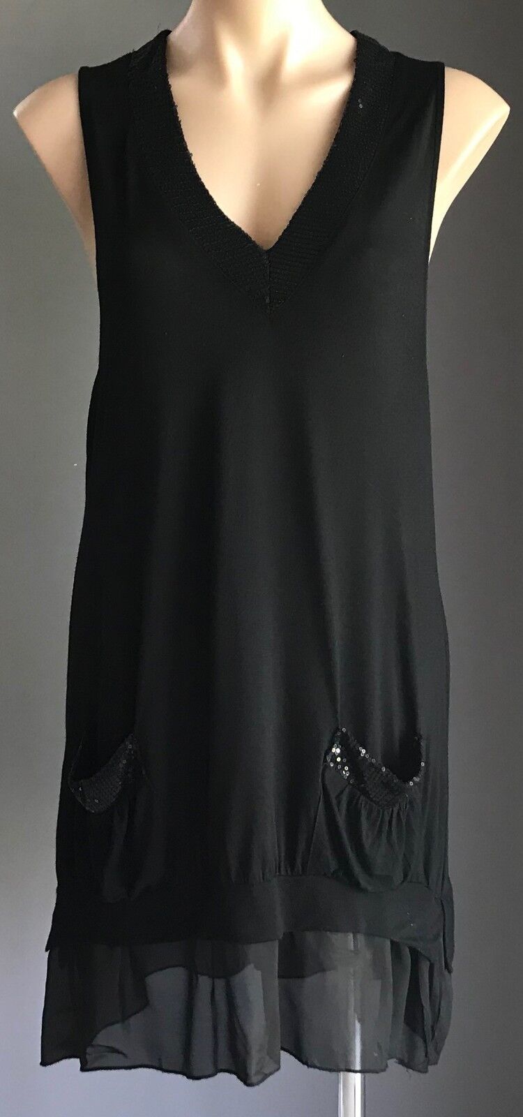 METEOR SHOWER Tunic Top Black Sequin Trim Sleeveless Sheer Ruffle Hem Size 14