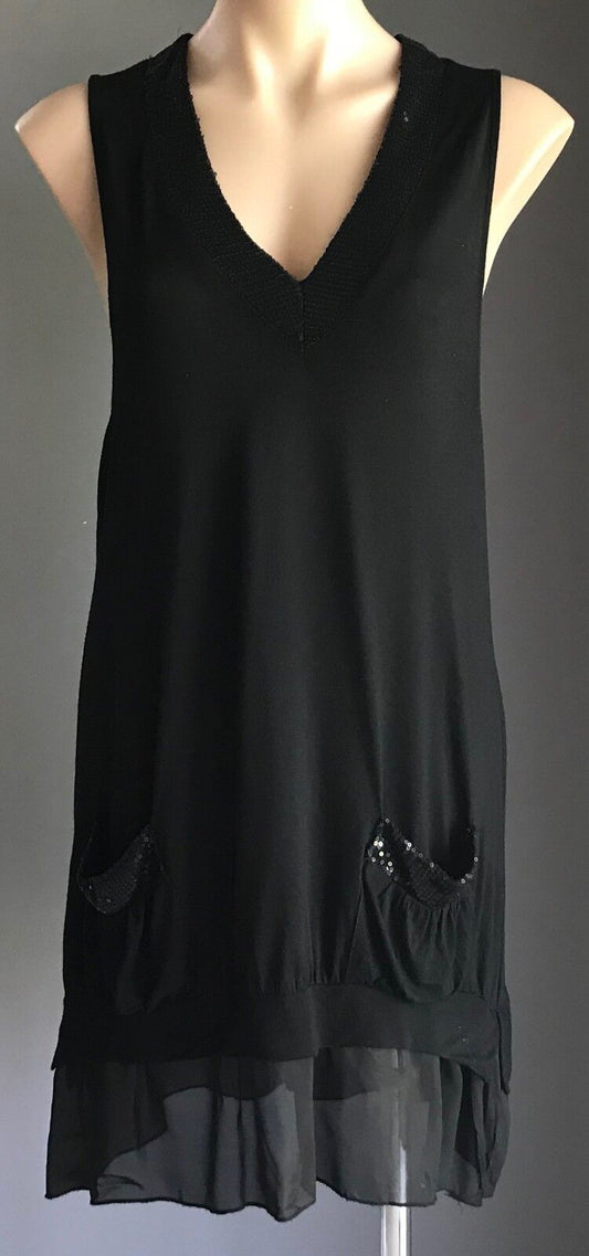 METEOR SHOWER Tunic Top Black Sequin Trim Sleeveless Sheer Ruffle Hem Size 14