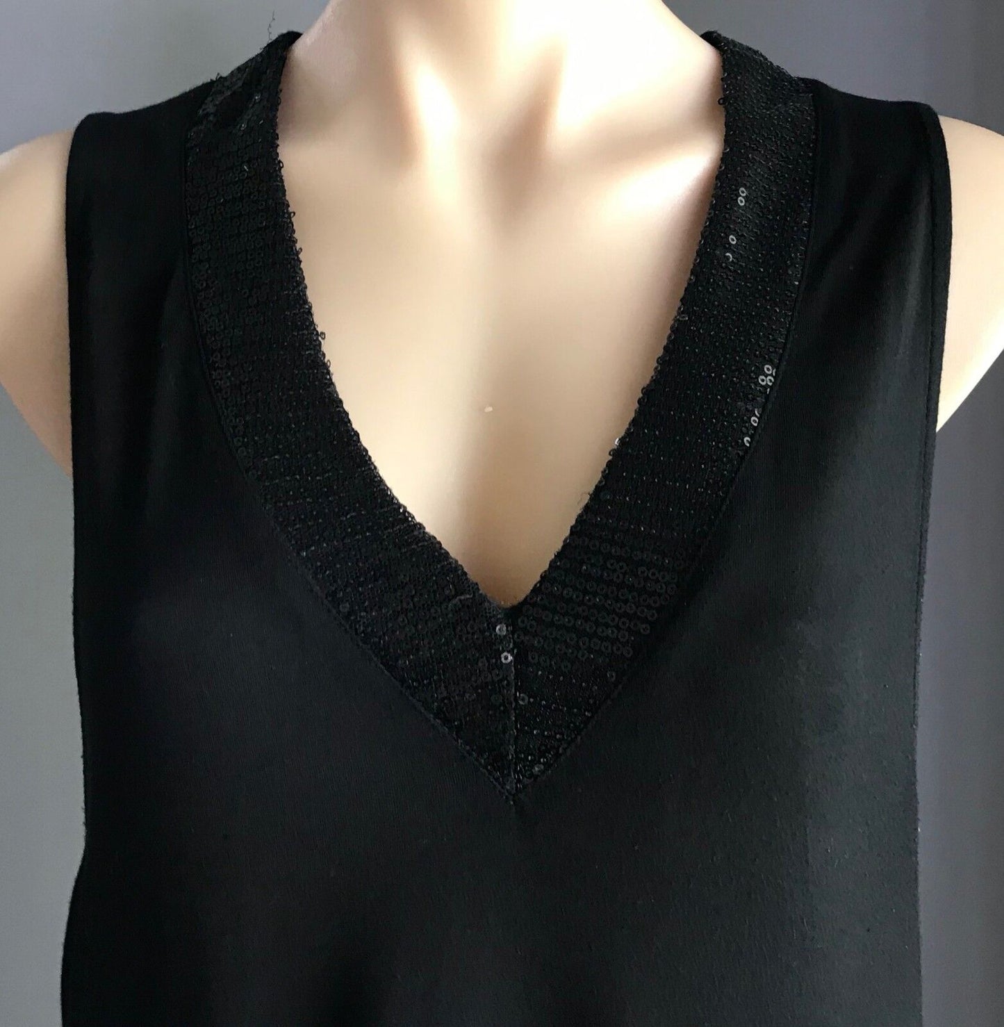 METEOR SHOWER Tunic Top Black Sequin Trim Sleeveless Sheer Ruffle Hem Size 14