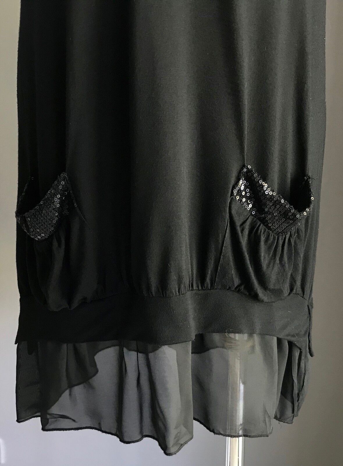 METEOR SHOWER Tunic Top Black Sequin Trim Sleeveless Sheer Ruffle Hem Size 14