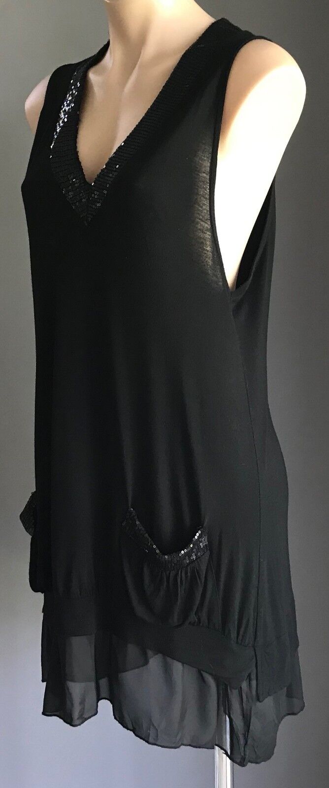 METEOR SHOWER Tunic Top Black Sequin Trim Sleeveless Sheer Ruffle Hem Size 14