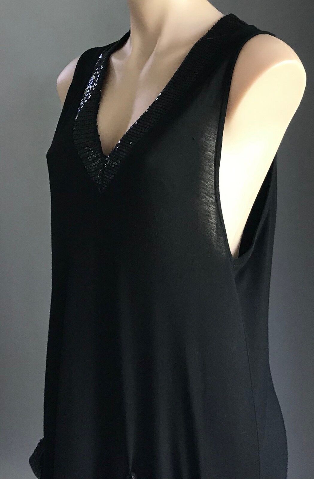 METEOR SHOWER Tunic Top Black Sequin Trim Sleeveless Sheer Ruffle Hem Size 14