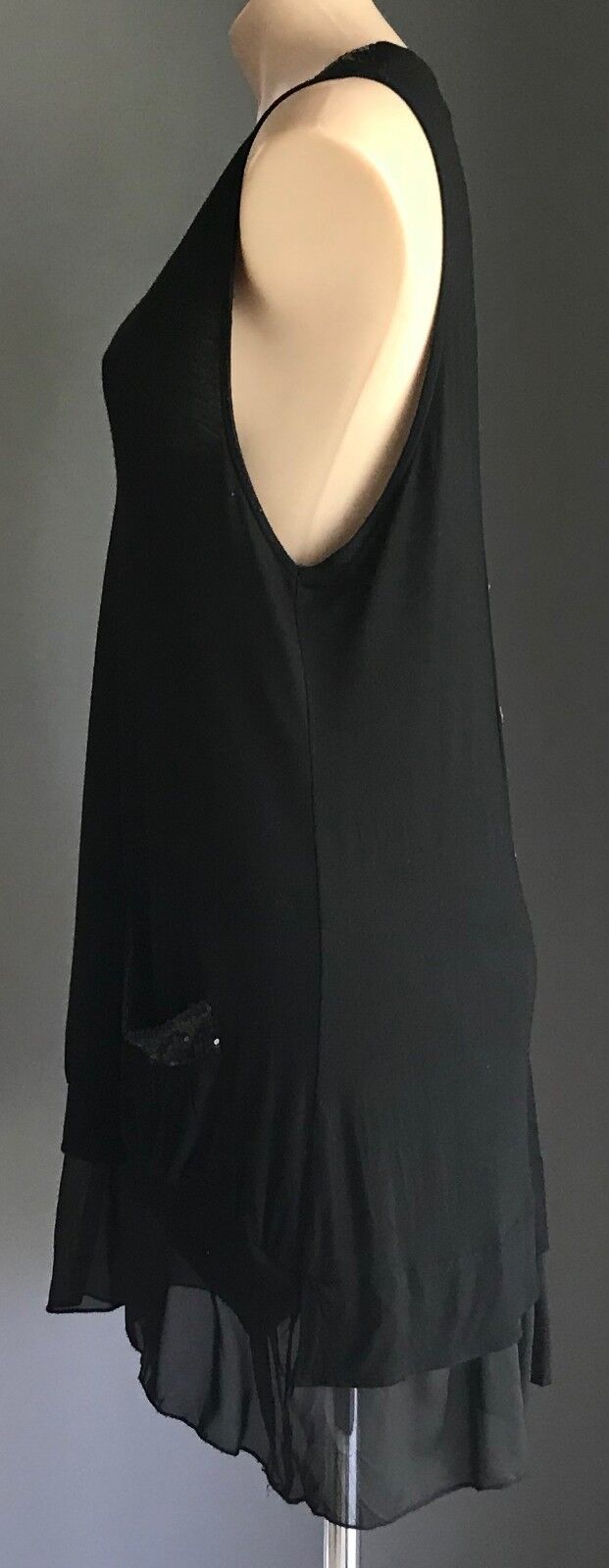 METEOR SHOWER Tunic Top Black Sequin Trim Sleeveless Sheer Ruffle Hem Size 14