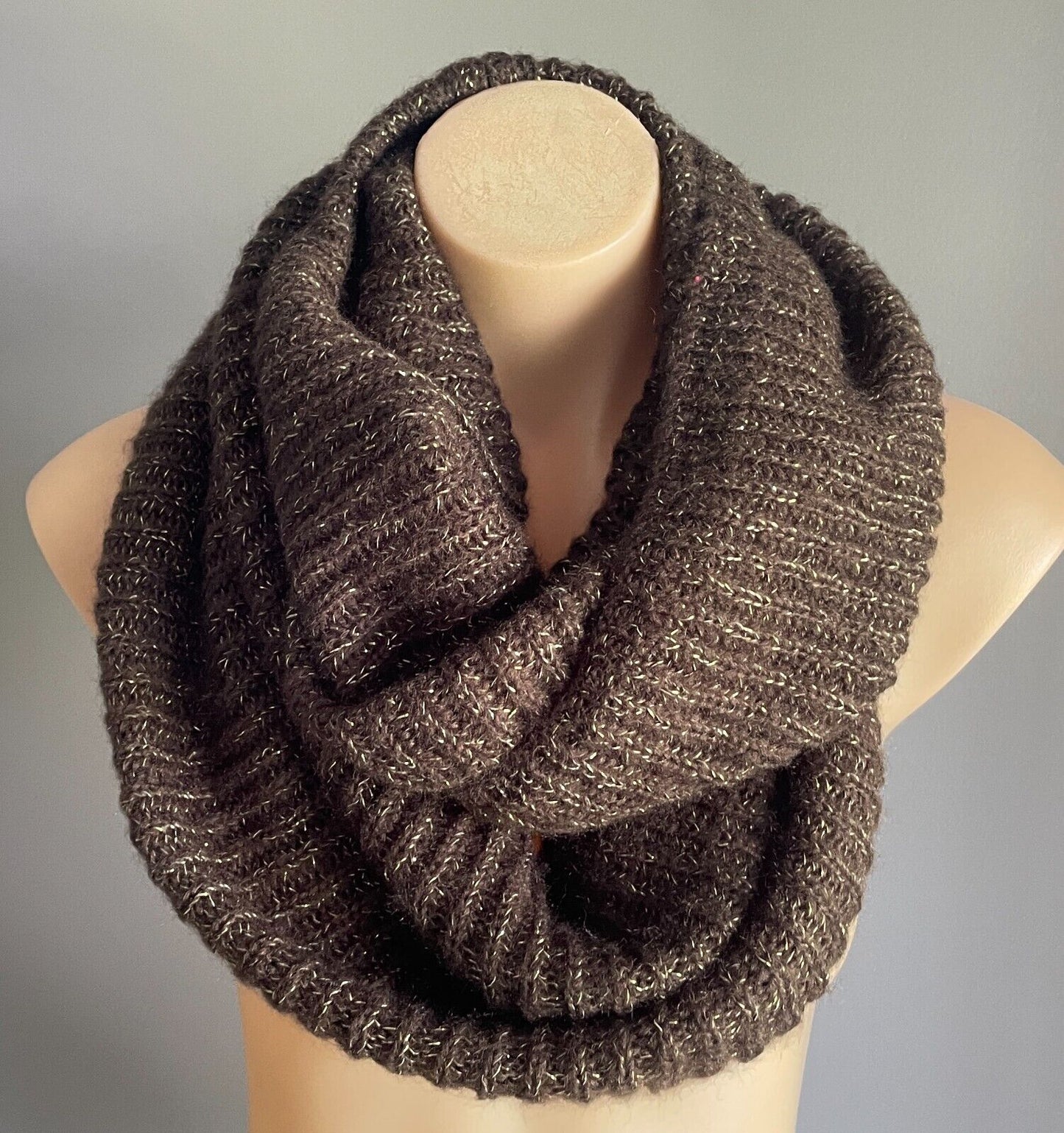 Infinity Scarf Brown & Gold Fleck Chunky Knit Snood Neck Wrap Soft Super Warm!