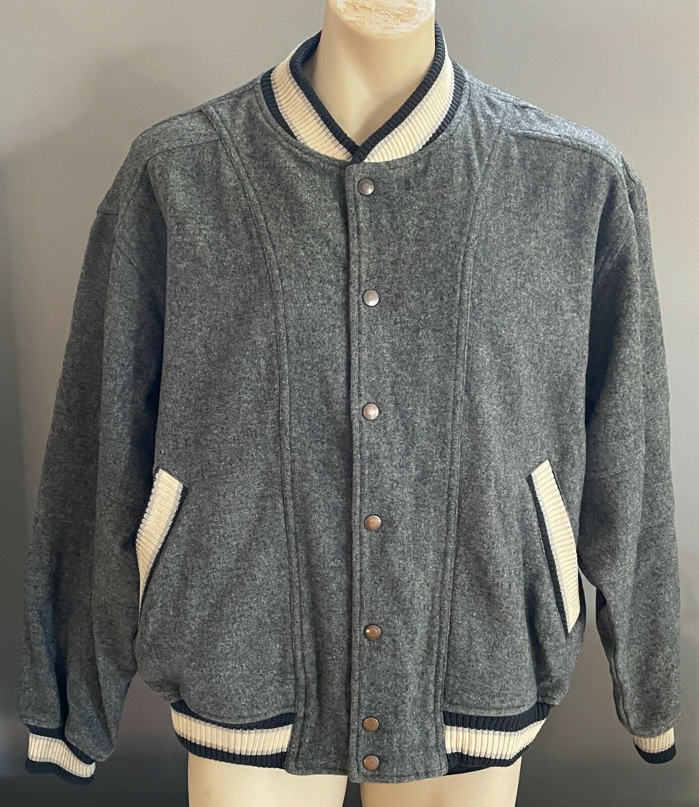 Vintage Mens CUGGI Baseball Jacket Grey Wool Long Sleeve Sweater Size L