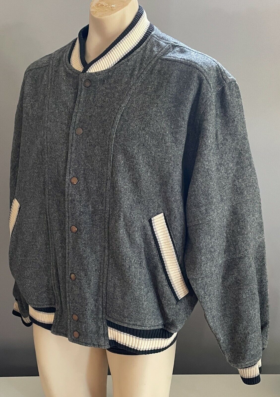 Vintage Mens CUGGI Baseball Jacket Grey Wool Long Sleeve Sweater Size L