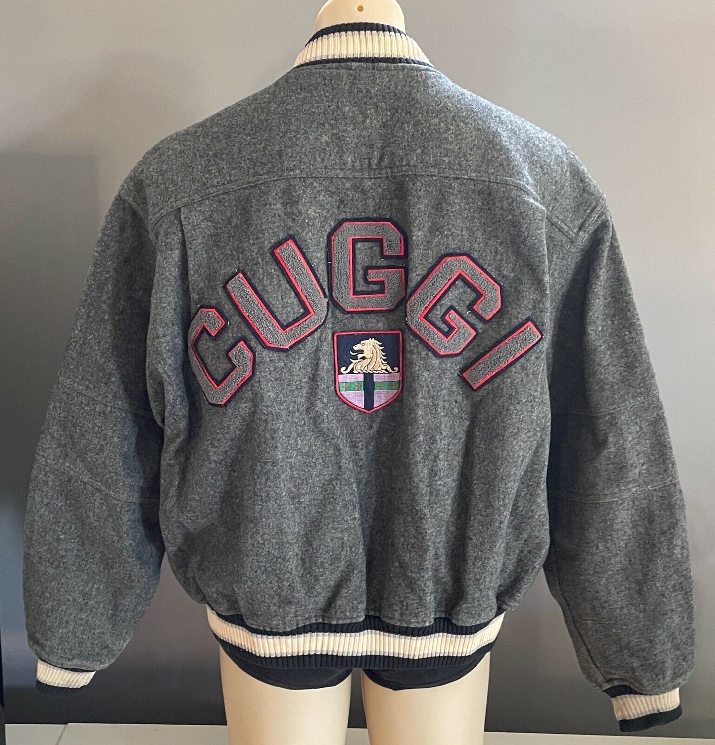 Vintage Mens CUGGI Baseball Jacket Grey Wool Long Sleeve Sweater Size L