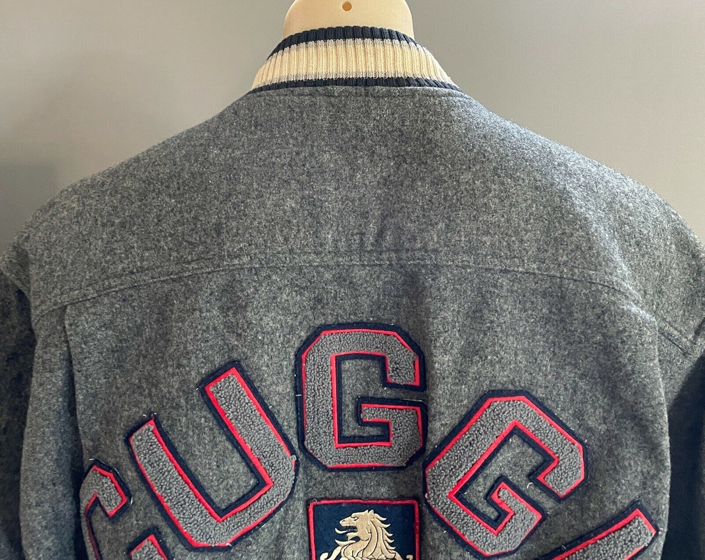 Vintage Mens CUGGI Baseball Jacket Grey Wool Long Sleeve Sweater Size L