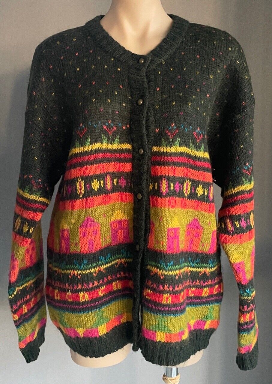 JUST JEANS Cardigan Mohair Naive Bright Colours Chunky Knit Size M 12 Vintage