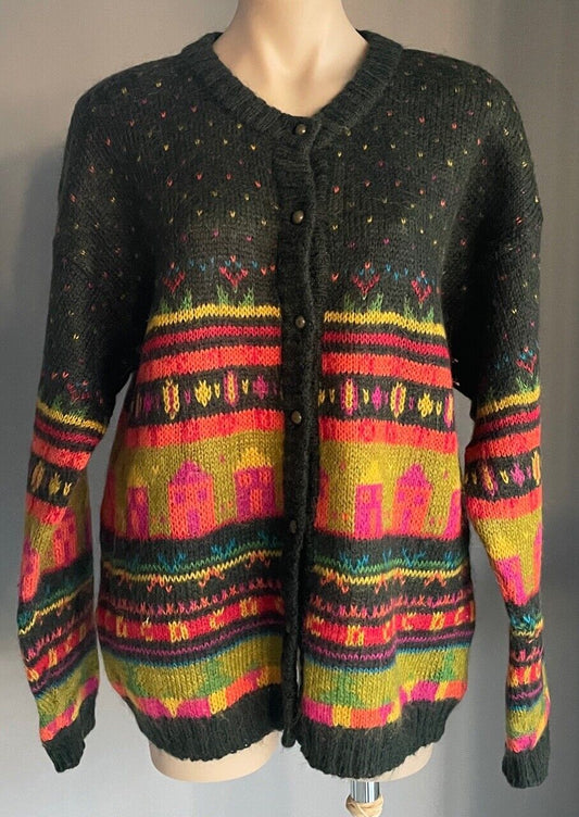 JUST JEANS Cardigan Mohair Naive Bright Colours Chunky Knit Size M 12 Vintage