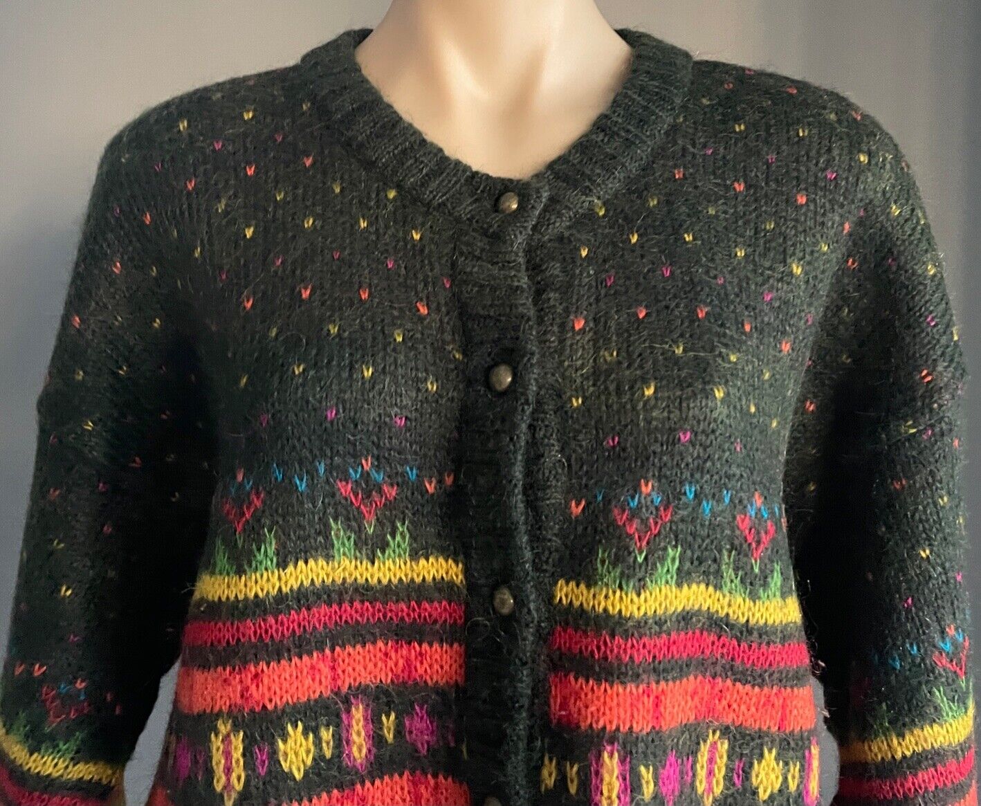 JUST JEANS Cardigan Mohair Naive Bright Colours Chunky Knit Size M 12 Vintage