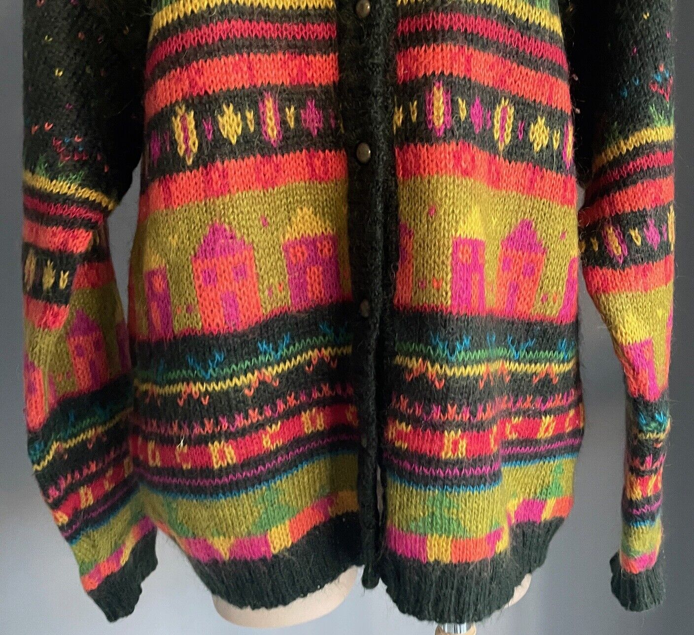 JUST JEANS Cardigan Mohair Naive Bright Colours Chunky Knit Size M 12 Vintage