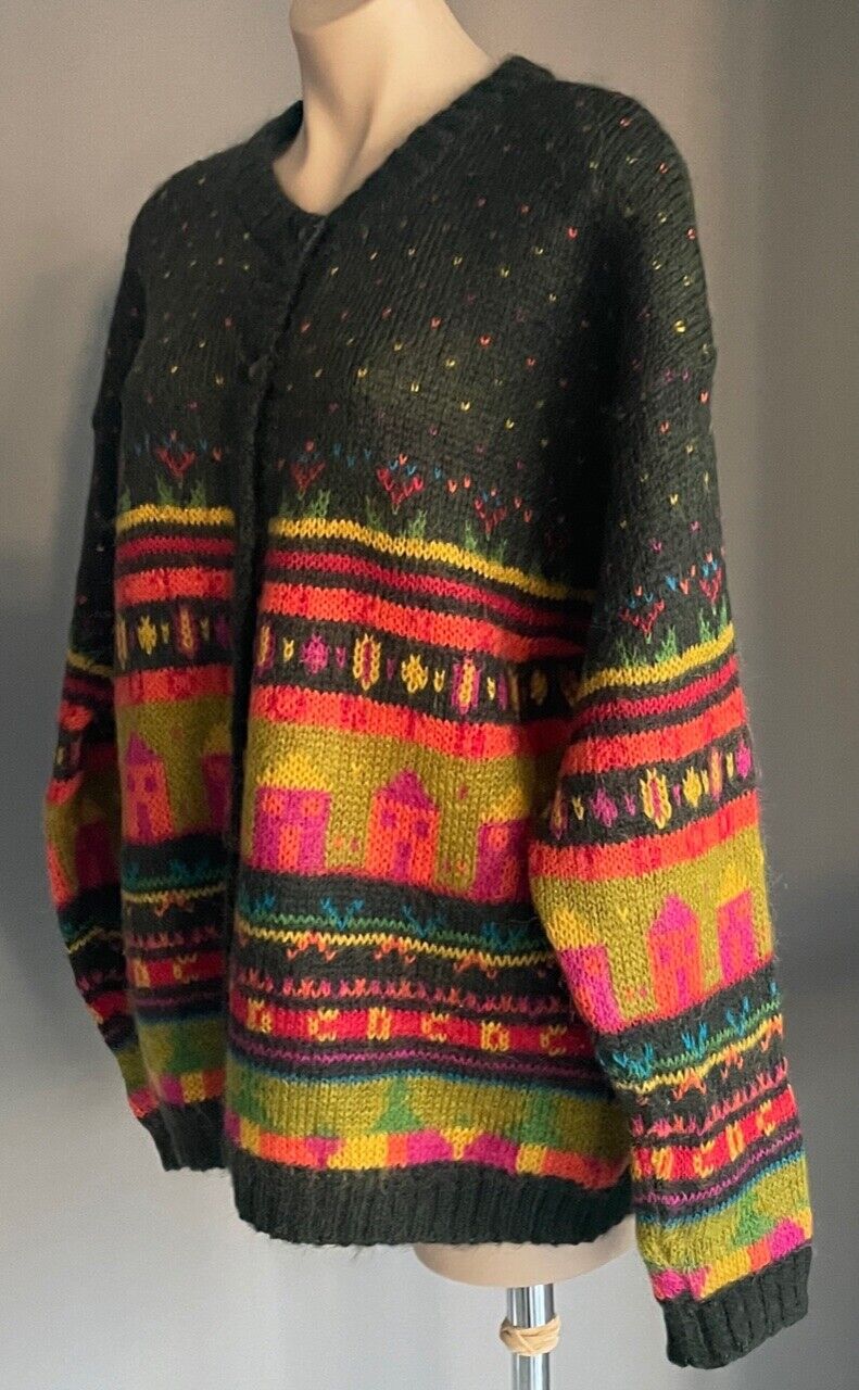JUST JEANS Cardigan Mohair Naive Bright Colours Chunky Knit Size M 12 Vintage