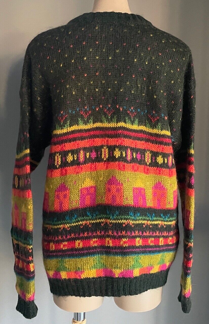 JUST JEANS Cardigan Mohair Naive Bright Colours Chunky Knit Size M 12 Vintage