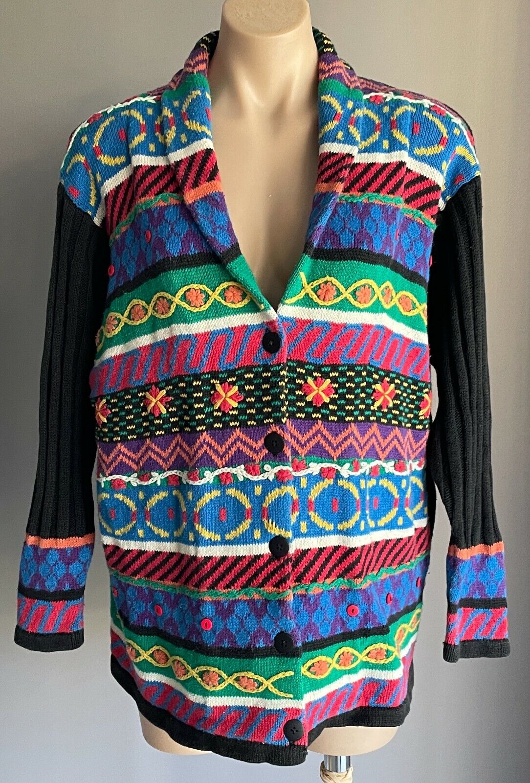 CAROLE LITTLE Sport Petites Cardigan Bright Colours 3D Knit Size M Vintage